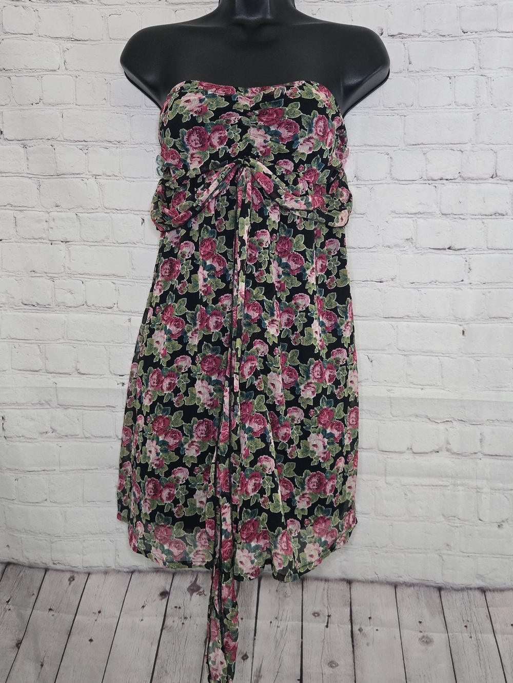 Y2K Early 2000s Strapless milkmaid babydoll mini dress rose Floral Print Size S